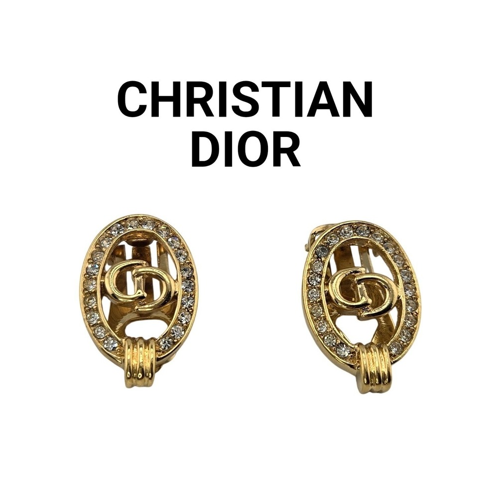 Christian Dior Vintage CD Logo Crystal Oval Clip On Earrings Gold Tone Germany